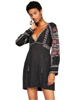 Free People All My Life Womens Smal Black Embroidered Mini Dress Tunic Boho